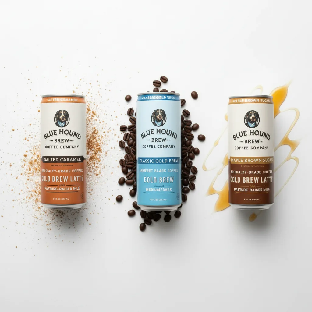 Three Blue Hound cans with cinnamon, beans, and syrup