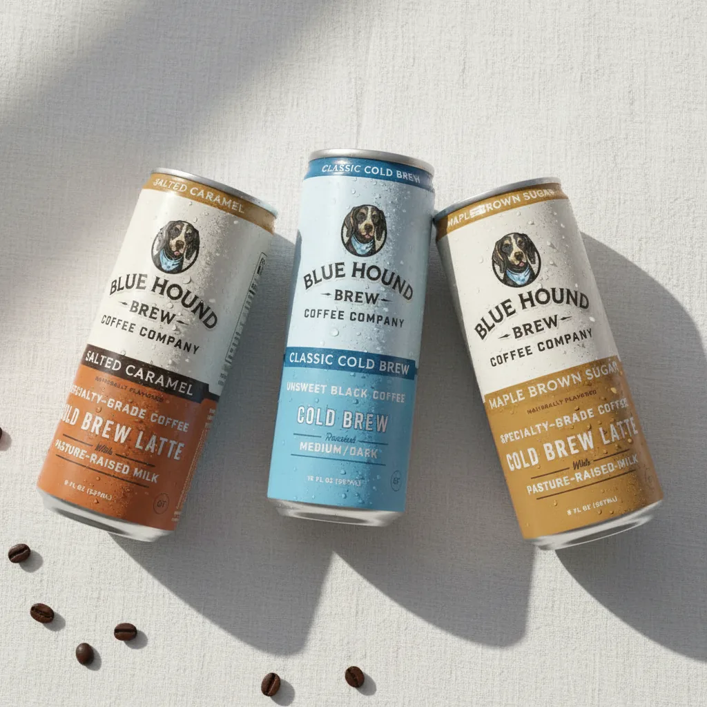 Three Blue Hound cans on linen