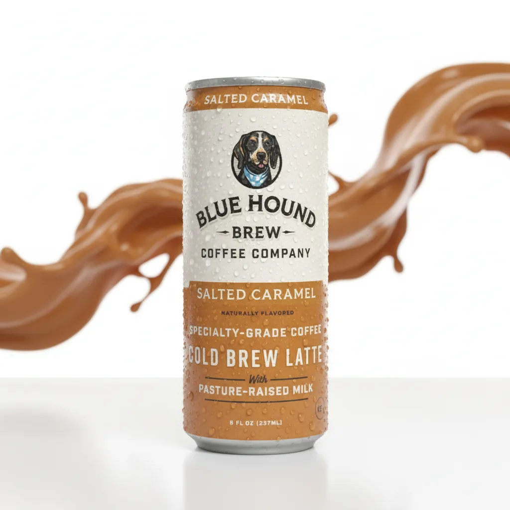 A salted caramel can with a caramel splash